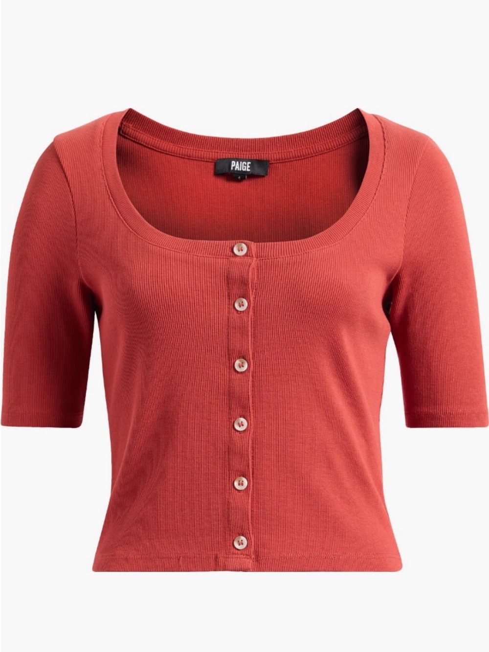 PAIGE Marit Ribbed Button Front Tee in Rust Red – Size M - Picture 2 of 3